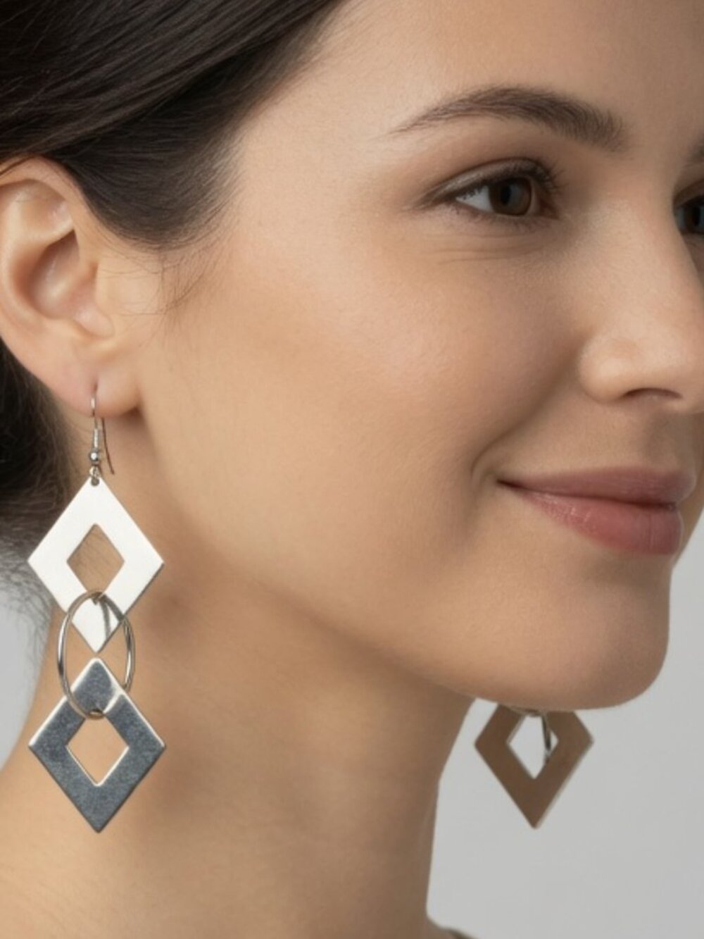 Geometric Silver Diamond & Hoop Link Drop Earrings – 3.5" Bold Statement